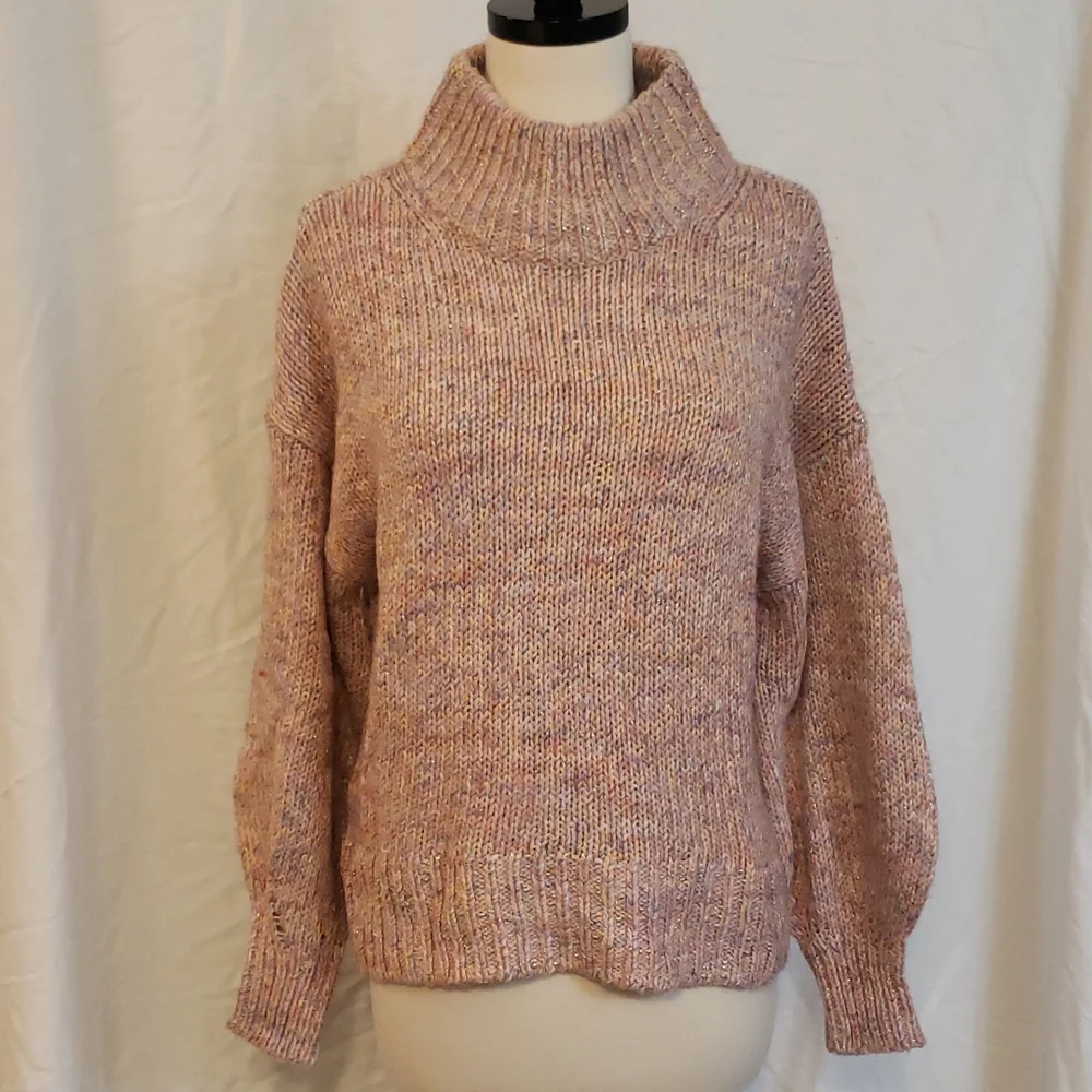 ANN TAYLOR MULTICOLORED PINK THICK CABLE KNIT SWEATER SHIMMER METALLIC SPARKLE S